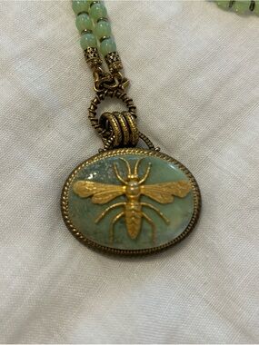 Vintage-Style Patrice Bee Pendant Necklace in Mint Green and Antique Gold